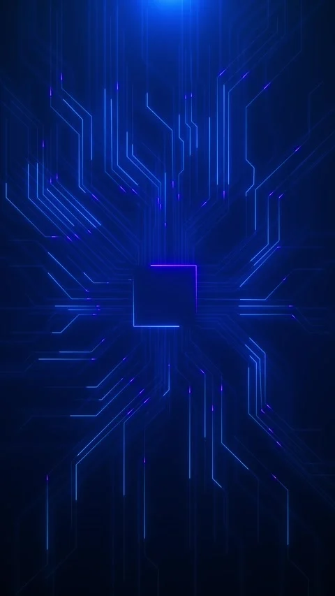 Futuristic blue processor line backdrop chip shape, glowing circuitry, violet Stock Footage 334122207