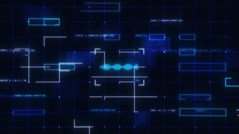 Futuristic Blue Programming Grid HUD with Digital Sound Wave Scanner Stock Footage 347777031