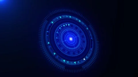 Futuristic blue radar interface visual circular graphics, center light, and slee Stock Footage 340556024