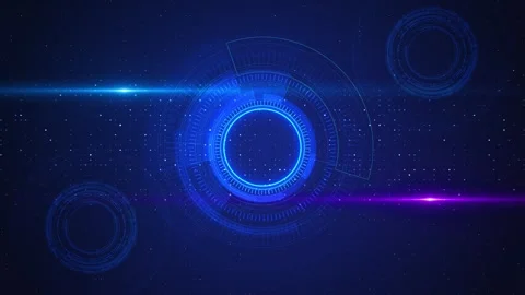 Futuristic blue radar rings visual with central glowing circle, side orbit eleme Stock Footage 340553898