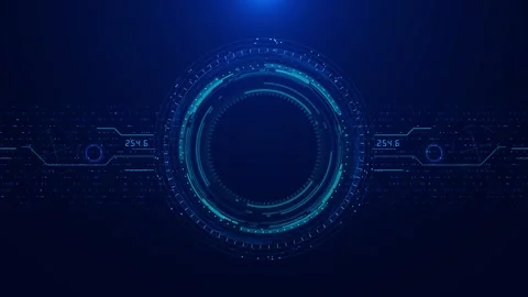 Futuristic blue ring scanner display circular tech marks, glowing data dots, and Stock Footage 340564563