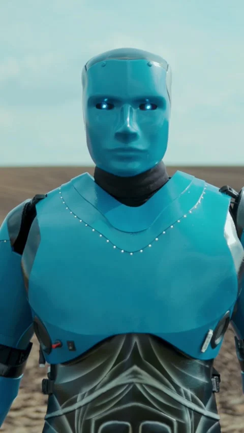 Futuristic Blue Robot in the vast and arid Desert Landscape, showcasing 스톡 동영상 305957058
