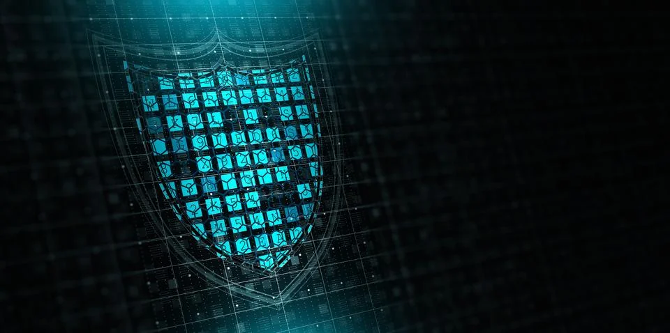 Futuristic blue shield with encryption code and digital security symbols on.. Stock Illustration