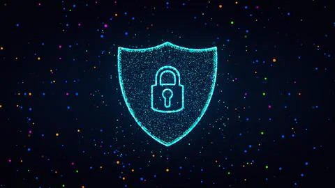 Futuristic Blue Shield Lock Symbol Cyber Security With  Dots  Lines Sparkle   스톡 일러스트