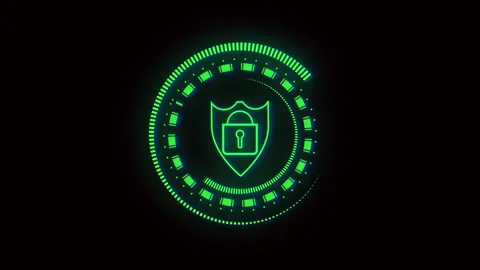 Futuristic Blue Shield Surrounded by Rotating Rings and Binary Code cyber d.. Stock Footage 321454197