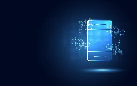 Futuristic blue smartphone with pixels abstract technology background. Arti.. 스톡 일러스트