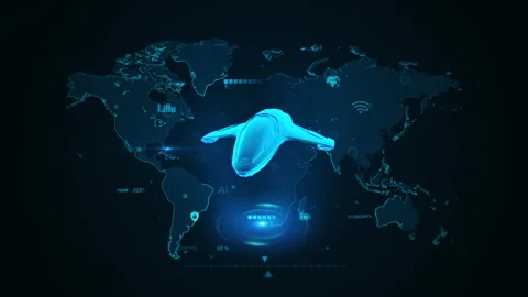Futuristic Blue Spaceship Hovering Over Global Digital Map Display Stock Footage 342003950