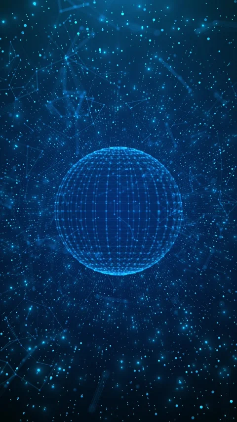 Futuristic blue sphere scene glowing nodes, web lines, and many particles spread Stock Footage 340453053