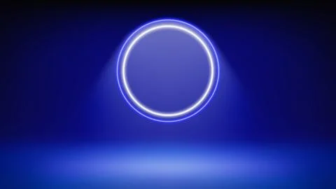 Futuristic blue stage background. Room illuminated by circular neon led halo Illustrazione stock