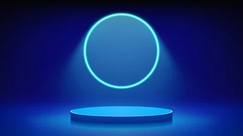 Futuristic blue stage, podium. circular cyan neon, led. Background for products Stock Illustration