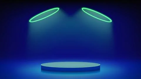 Futuristic blue stage, podium. Room podium illuminated circular neon, led halo Stock Illustration
