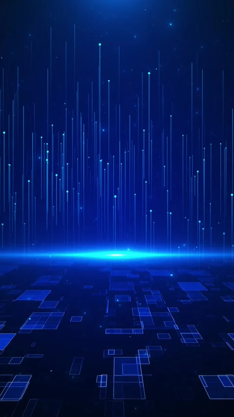 Futuristic blue tech horizon with glowing digital floor, vertical data lines Stock Footage 334128922
