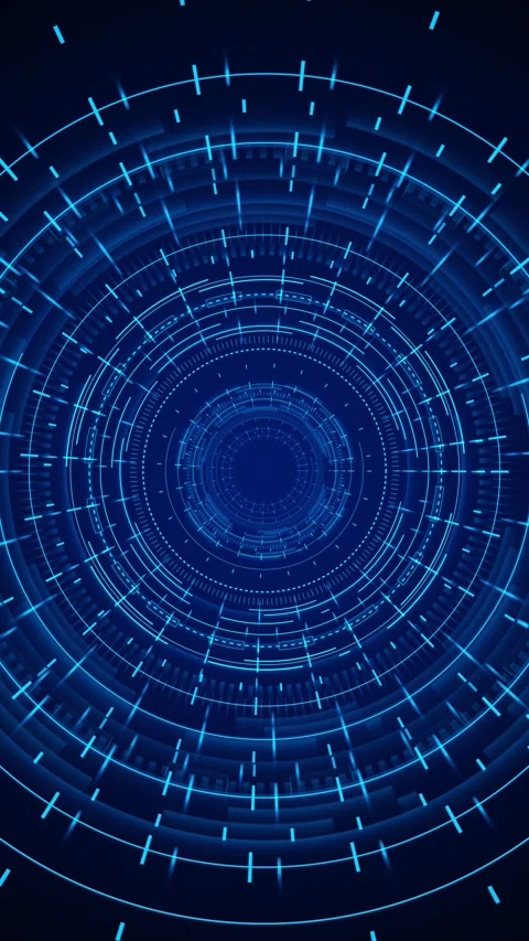 Futuristic blue tech interface concentric HUD rings, glowing radial lines, and t Stock Footage 340477624