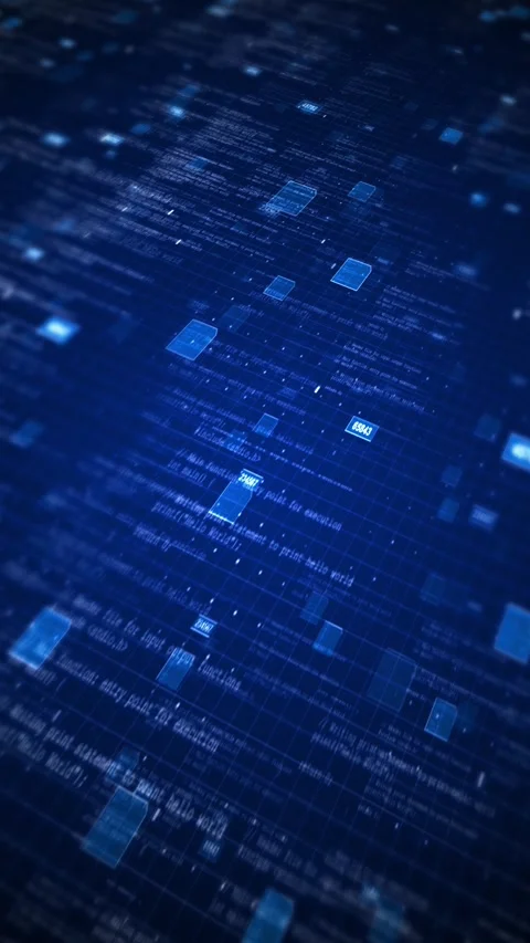 Futuristic blue technology interface glowing grid, floating data blocks, code te Stock Footage 340477829