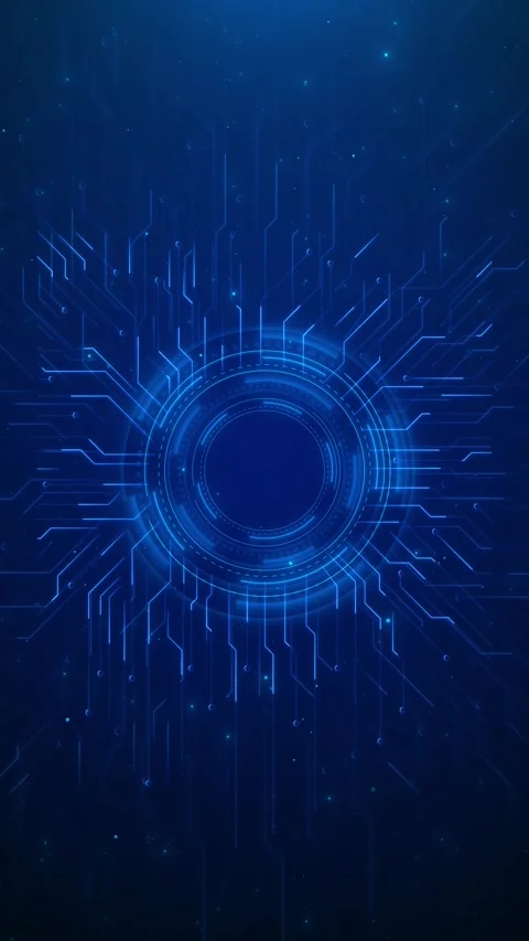 Futuristic blue technology ring visual circuit paths, glowing round interface, d Stock Footage 340409990