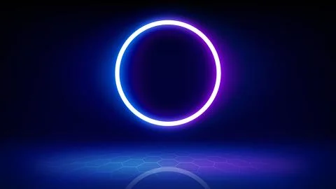 Futuristic blue technology stage background. Circular purple pink neon, led Stock Illustration