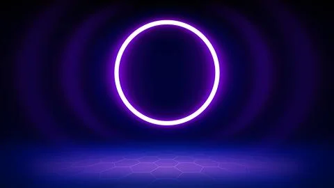 Futuristic blue technology stage background. Circular purple pink neon, led Stock Illustration