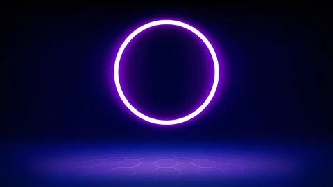 Futuristic blue technology stage background. Circular purple pink neon, led Illustrazione stock