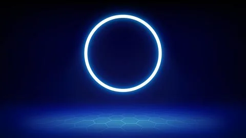 Futuristic blue technology stage background. Circular blue neon,  spotlight Illustrazione stock