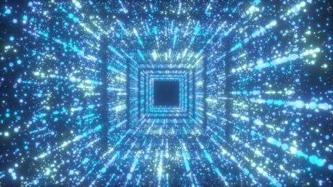 Futuristic blue technology tunnel with glowing particles Stock Footage 334793025