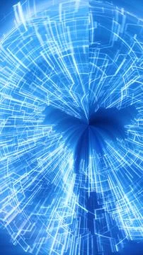 Futuristic blue tunnel of glowing rectangles and triangular particles radiati Stock Illustration
