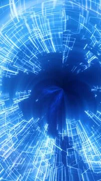 Futuristic blue tunnel of glowing rectangles and triangular particles radiati Stock Illustration