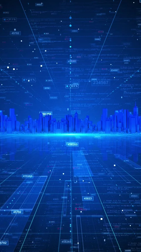 Futuristic blue urban data network glowing city buildings, code overlays, and di Stock Footage 340478004