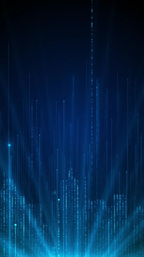 Futuristic blue urban data skyline luminous towers, rising digital bars, deep te Stock Footage 340453971