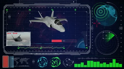 Futuristic blue virtual graphic touch user interface HUD. Jet f 35 airplane. Stock Footage 58836140