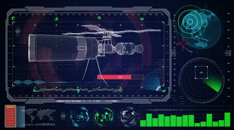 Futuristic blue virtual graphic touch user interface HUD. Sattelite on radar Stock Footage 58855604