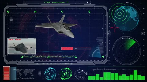Futuristic blue virtual graphic touch user interface HUD. Jet f 22 airplane Video stock 58862053