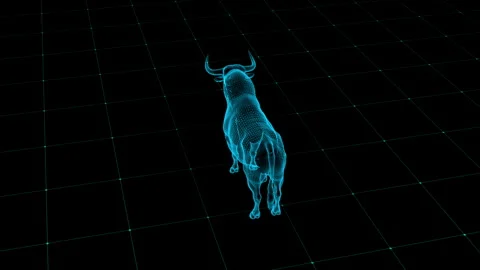 Futuristic Blue Wireframe Bull on Digital Gridded Dark Background 库存影片 342605630