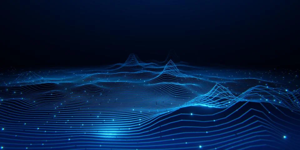 Futuristic Blue Wireframe Data Landscape with Glowing Nodes イラスト素材