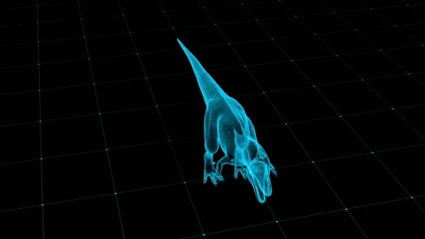 Futuristic Blue Wireframe Dinosaur Digital Art Visualization in Virtual Grid 库存影片 343219580