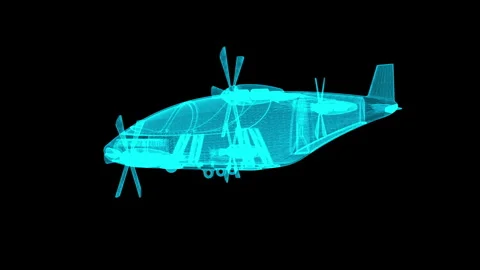 Futuristic Blue Wireframe Drone Propeller Aircraft on Black Background in 3D Stock Footage 344710662