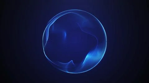 Futuristic blue wireframe energy sphere with flowing digital wave lines, da.. Stockillustratie