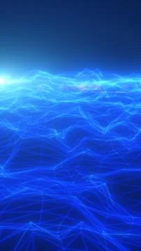 Futuristic blue wireframe landscape with glowing polygonal waves and lumino.. Stock Illustration