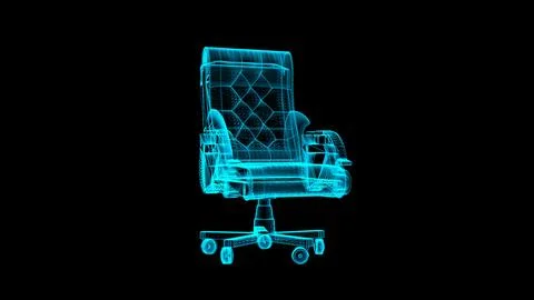 Futuristic Blue Wireframe Model of an Office Chair on Black Background Illustrazione stock