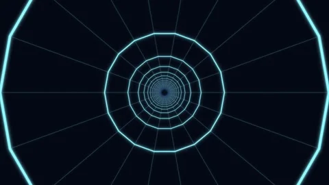Futuristic blue wireframe tunnel receding into dark digital space Stock Footage 336995111