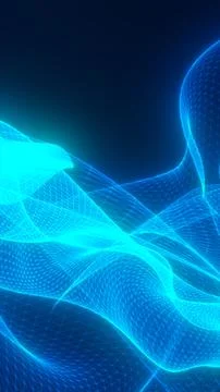 Futuristic blue wireframe wave mesh on dark background, showing flowing dig.. Stock Illustration