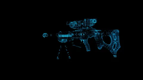 Futuristic Blueprint of High-Tech Sniper Rifle in Neon Blue Wireframe Design 動画素材 344651246