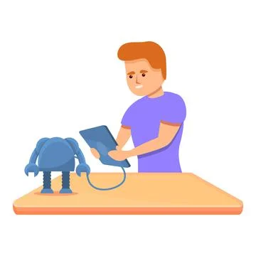 Futuristic boy programming robot icon, cartoon style Stock Illustration