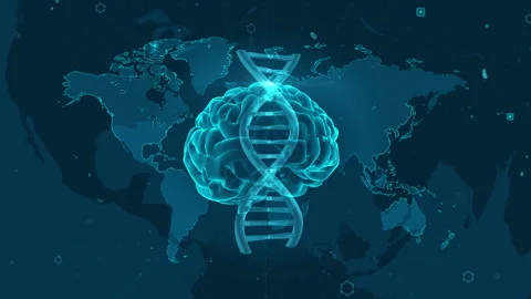 Futuristic Brain and DNA Strand Over Global Map Visualization 库存影片 343621646