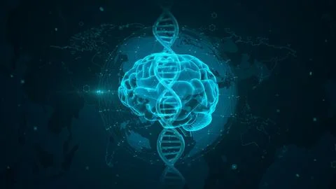Futuristic Brain and DNA Visualization with Global Network Overlay 스톡 일러스트