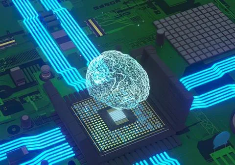 Futuristic brain connected to digital processor chip Stock Photos