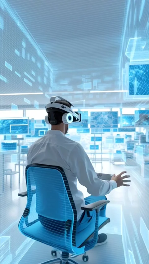 Futuristic Brain-Controlled Interface Operated in Minimal White Lab Stock Footage 313386109