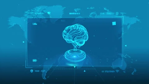 Futuristic Brain Hologram: Digital Interface with World Map Backdrop in Blu.. 库存影片 342718829