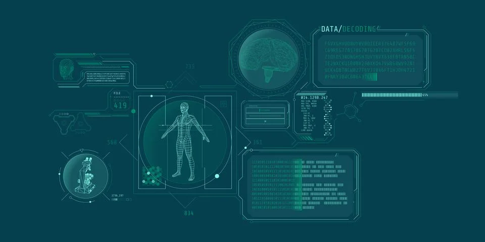Futuristic brain research program interface with data decoding. Stockillustratie