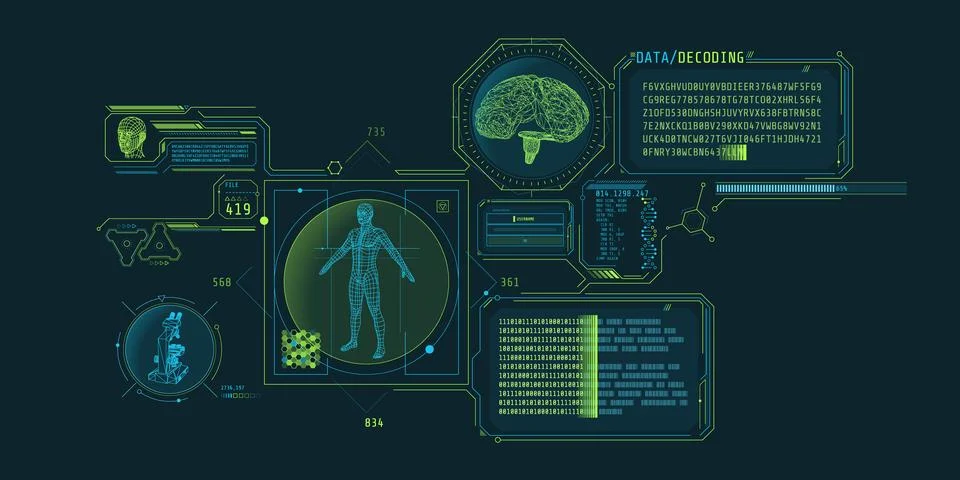 Futuristic brain research program interface with data decoding. Stockillustratie