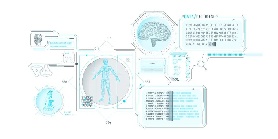 Futuristic brain research program interface with data decoding. 스톡 일러스트